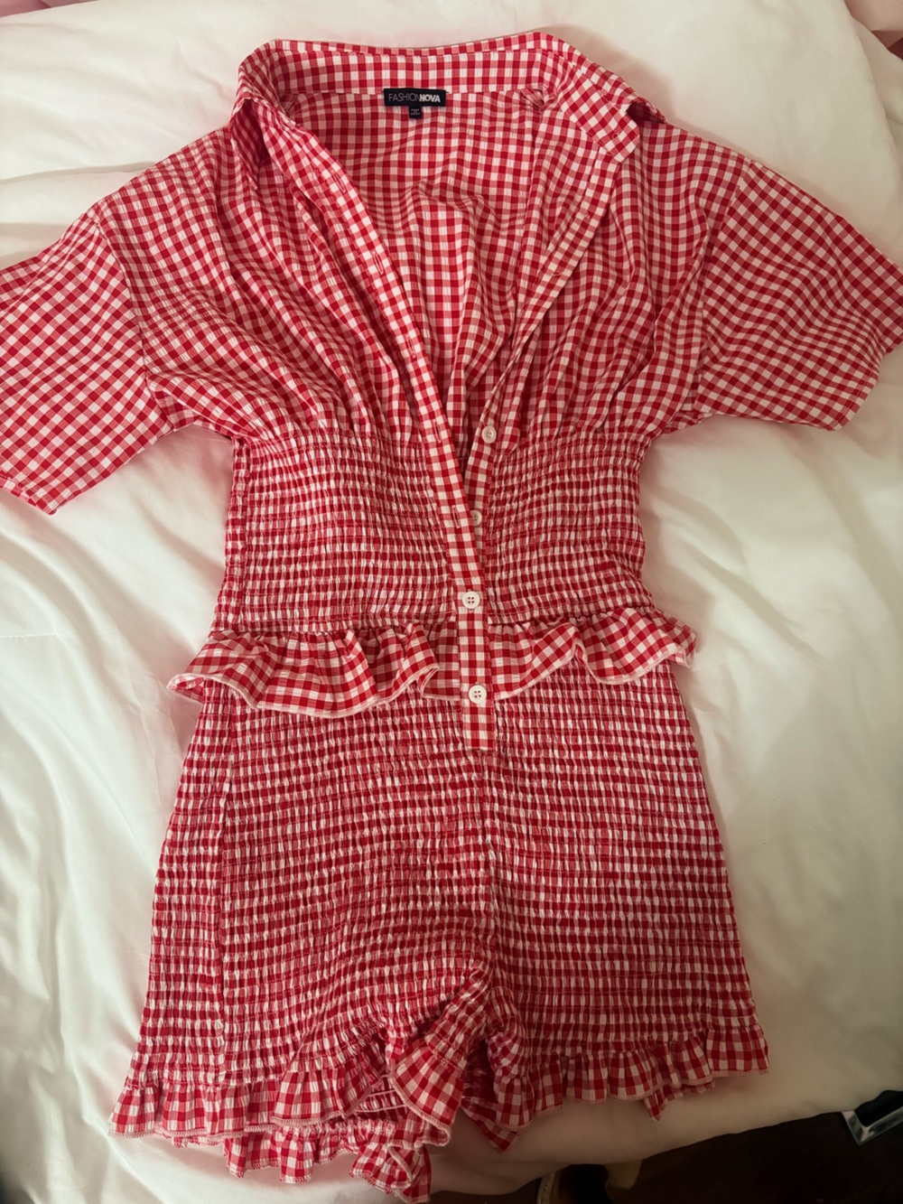 Fashion Nova Red and White Gingham Button-Front Ruffle Romper